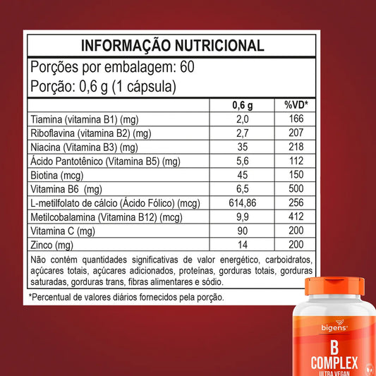 Complexo B Vegano, Apenas 1 Cápsula Ao Dia, Total 60 Cápsulas, Até 500% Idr, Bigens