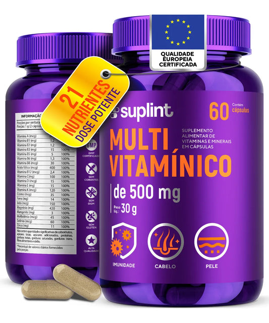 Multivitamínico 500 MG com Vitaminas A, C, D3, E, K1, Complexo B, Zinco e Cromo | 21 Ingredientes em Cápsulas Veganas | Para Adultos | Desenvolvido na Holanda | 60 | SUPLINT