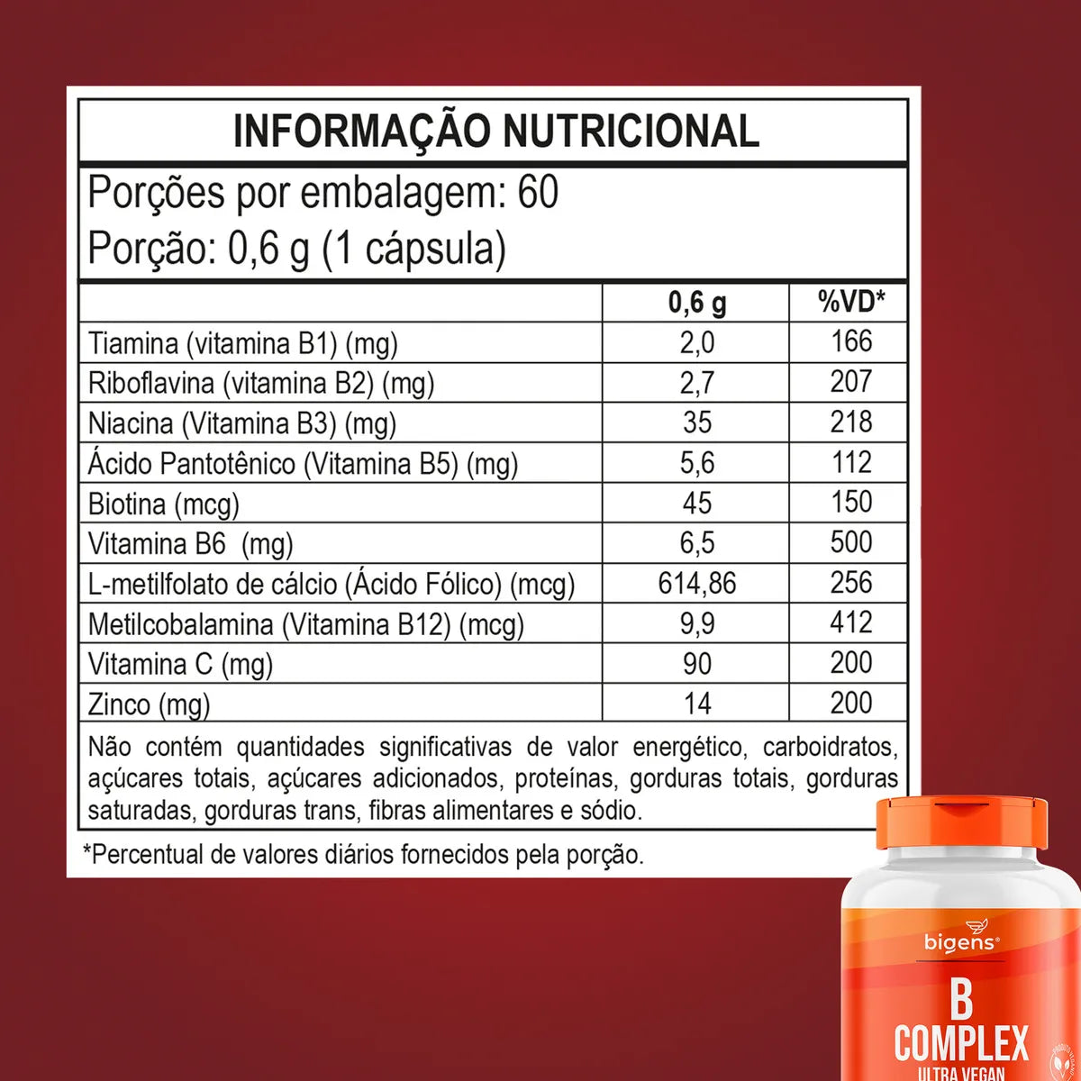 Complexo B Vegano, Apenas 1 Cápsula Ao Dia, Total 60 Cápsulas, Até 500% Idr, Bigens